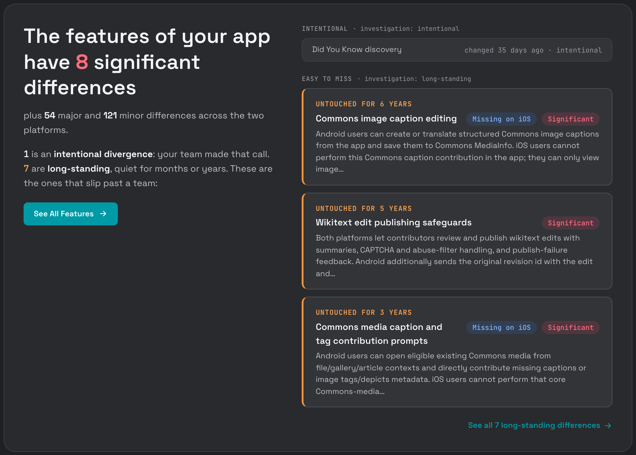The differences summary on the public preview: the features of Wikipedia's two apps have 8 significant differences — 1 intentional, 7 long-standing — with the top easy-to-miss findings, untouched for 6, 5, and 3 years