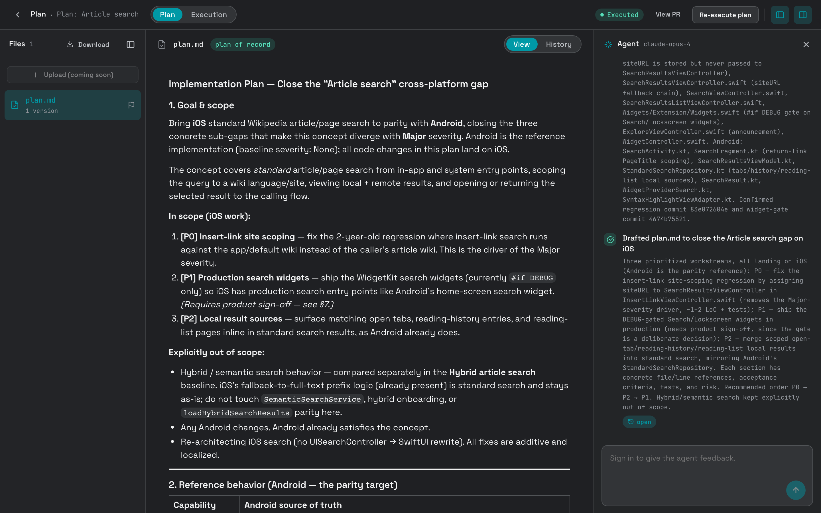 The plan workspace from the public preview: an executed implementation plan closing the Article search gap on iOS — the approved plan of record beside the agent's activity log, with a View PR link