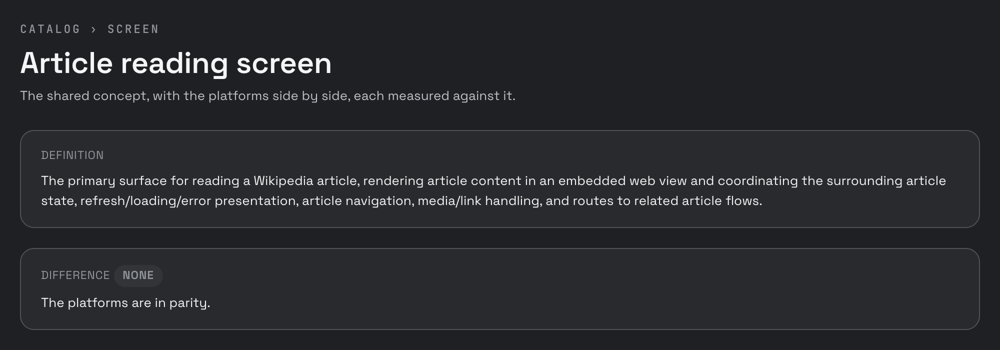 Screen documentation from the public preview: the Article reading screen concept, with its full definition and a difference status of none — the platforms are in parity